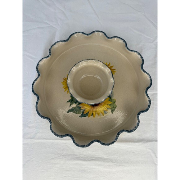 VTG Home & Garden Party Sunflower Chip and Dip Set Stoneware Made in USA - Picture 4 of 9